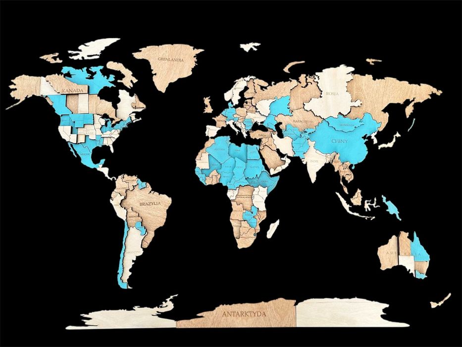 Podróżuj Codziennie – Drewniana Mapa 3D, 3 kolory  170x100cm