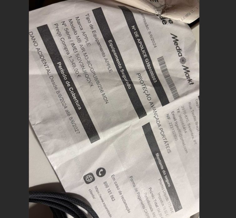 MacBook Air M3 2024 • 250GB • 8GB RAM • Seguro valido até 2027