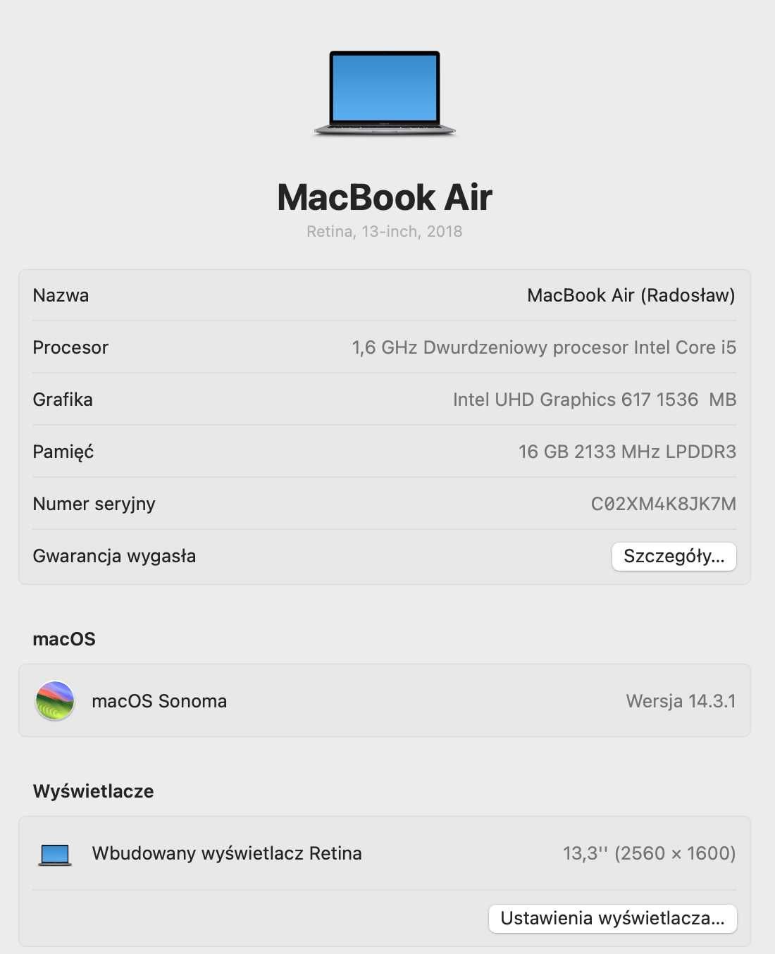 MacBook AIR 2018 i5/16GB/1.5TB