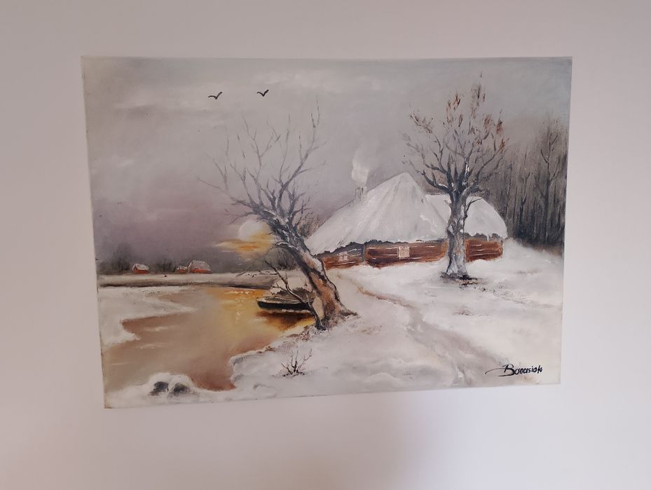 Pejzaż chatka w zimowej odsłonie 70/50 cm