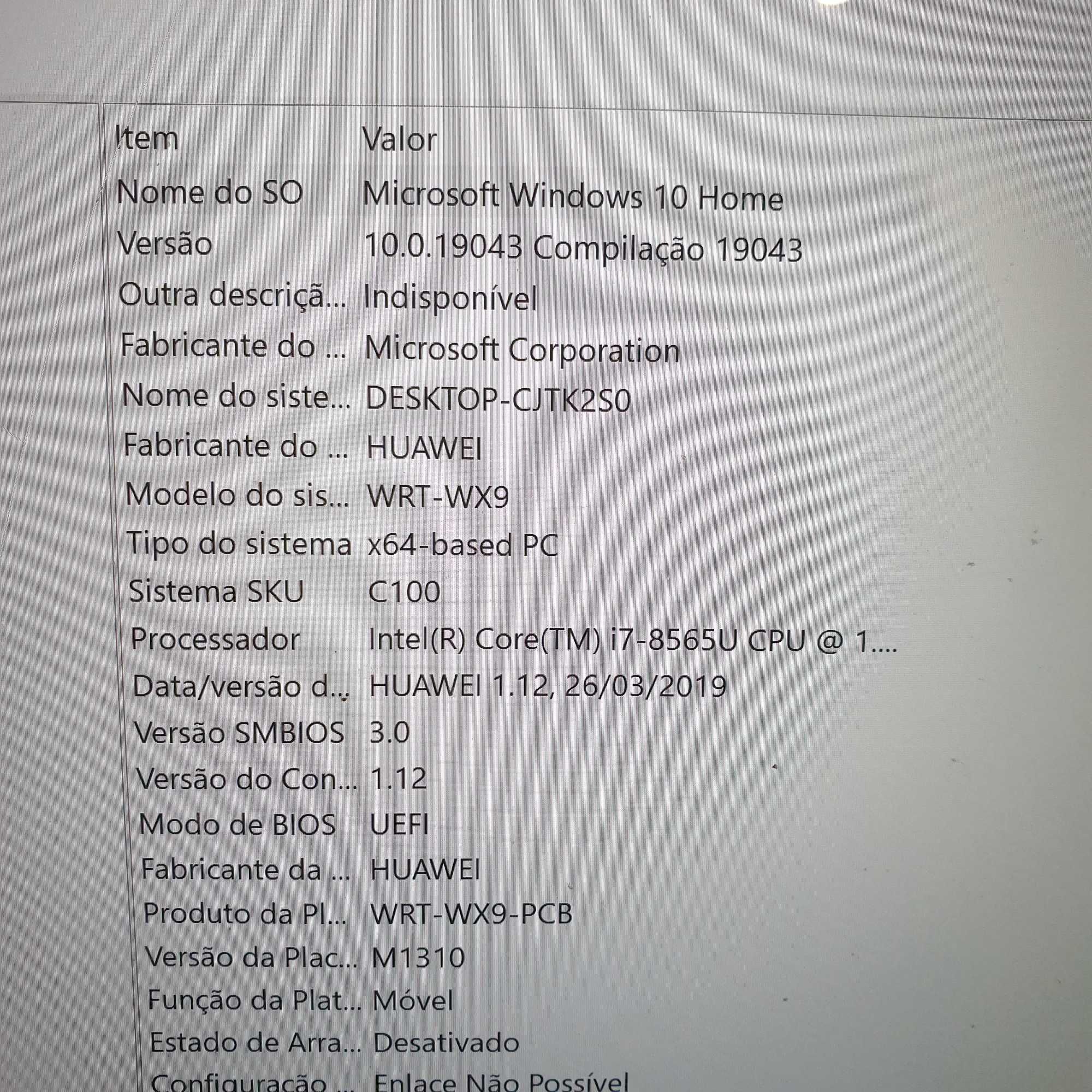 motherboard Huawei WRT-WXP processador i7-8565U, testada sem anomalia