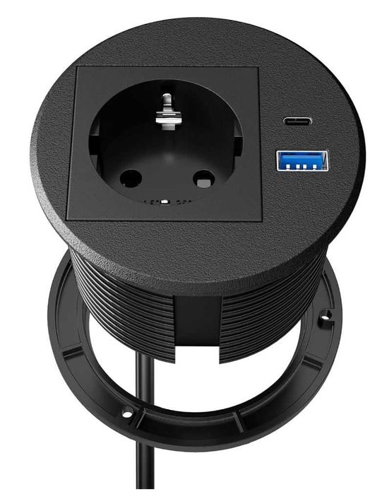 Wpuszczane gniazdko z USB-C PD20W, otwór 80 mm, kabel 2 m, czarne