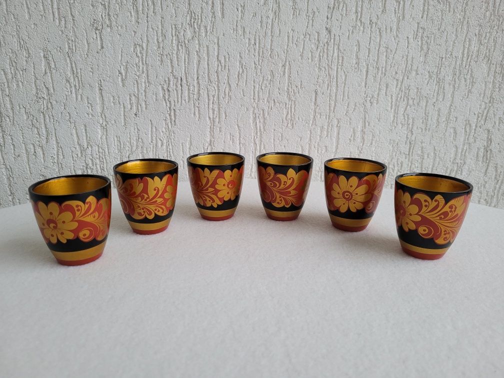 Drewniane kubeczki malowane, rękodzieło rosyjskie vintage