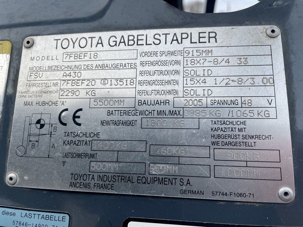 Навантажувач електричний TOYOTA 7FBEF18 1.8т, 4.7м 2005р.