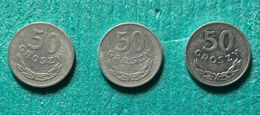 Monety 3x50 gr. (pięćdziesiąt groszy) z 1973r,1977r i 1986r.