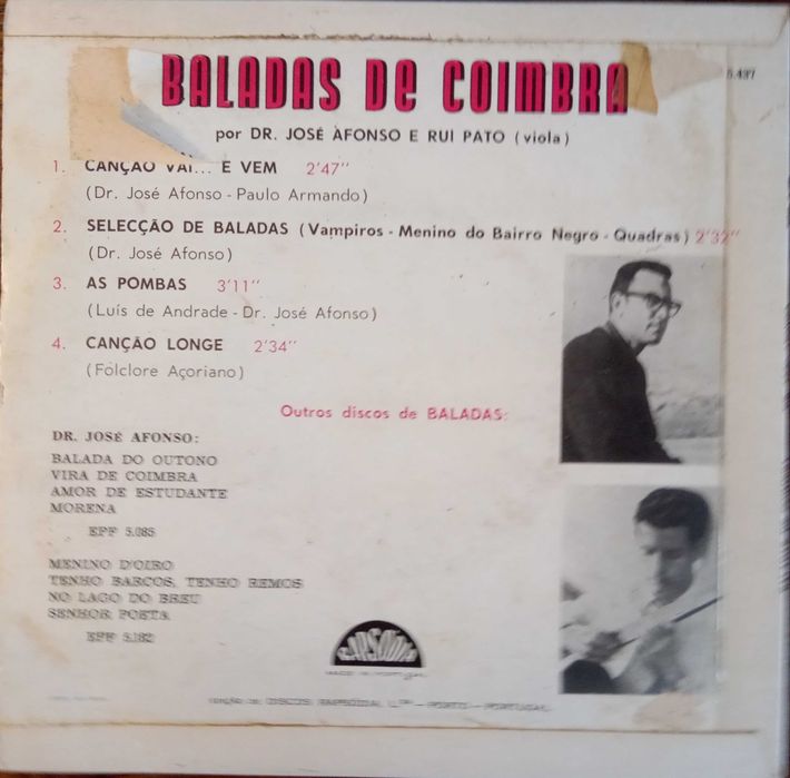 José Afonso	- - - - -		Baladas de Coimbra por Dr. José Afonso	- - -	EP