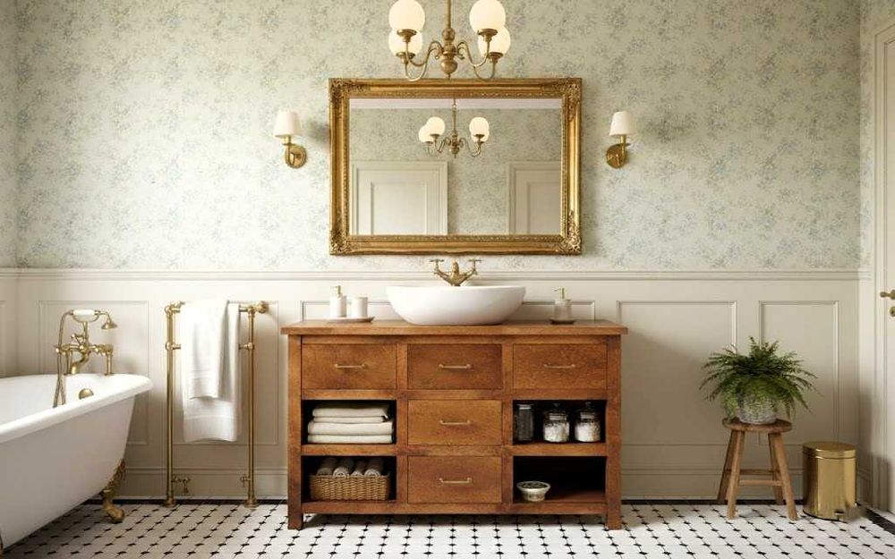 Szafka na umywalkę nablatową, z drewna, retro, w stylu angielskim