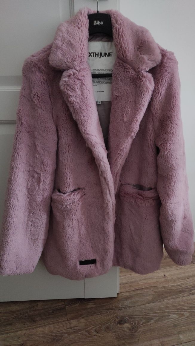 Futro damskie futerko kurtka kożuch różowy pudrowy vintage