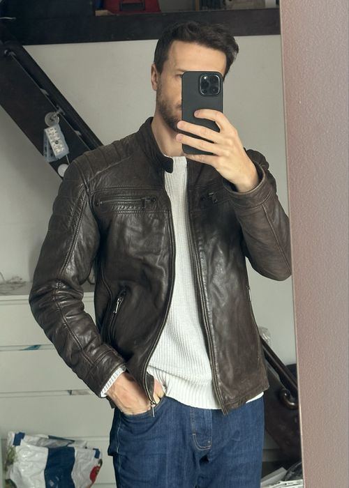 Kurtka skórzana męska brązowa ramoneska café racer pikowana S/M