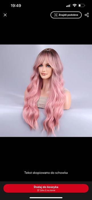 Nowa różowa peruka damska długa falowana kręcona z grzywką naturalna