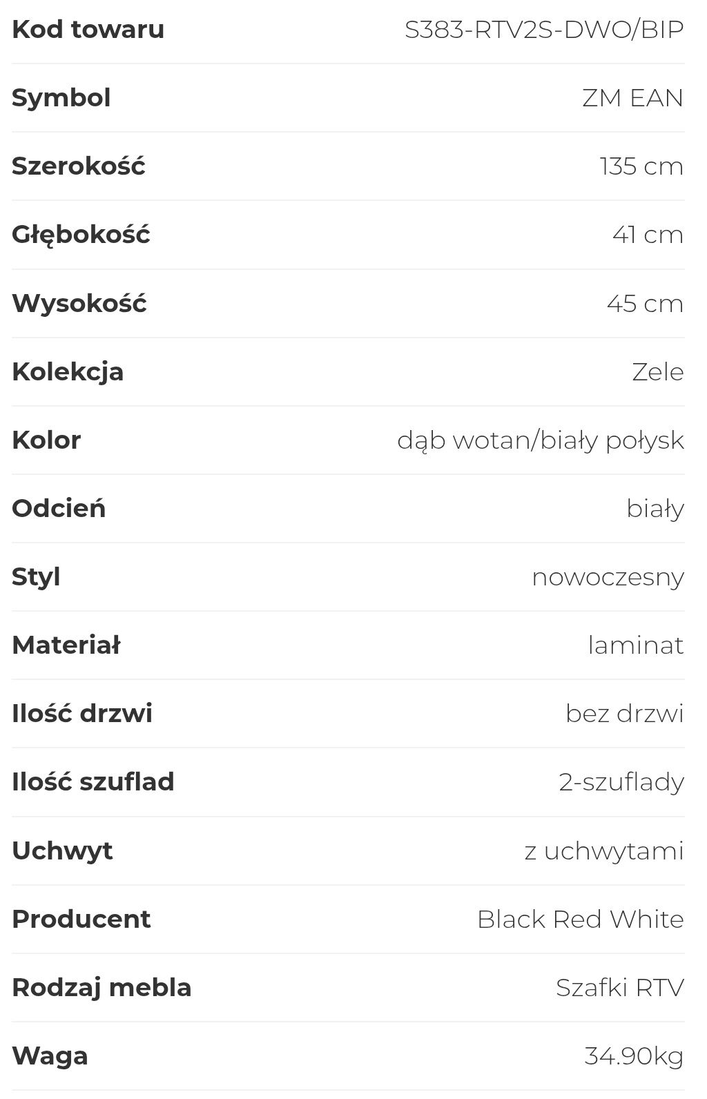 Szafka RTV z dwoma szufladami ZELE 135 cm dąb wotan/biały połysk ŻNIN