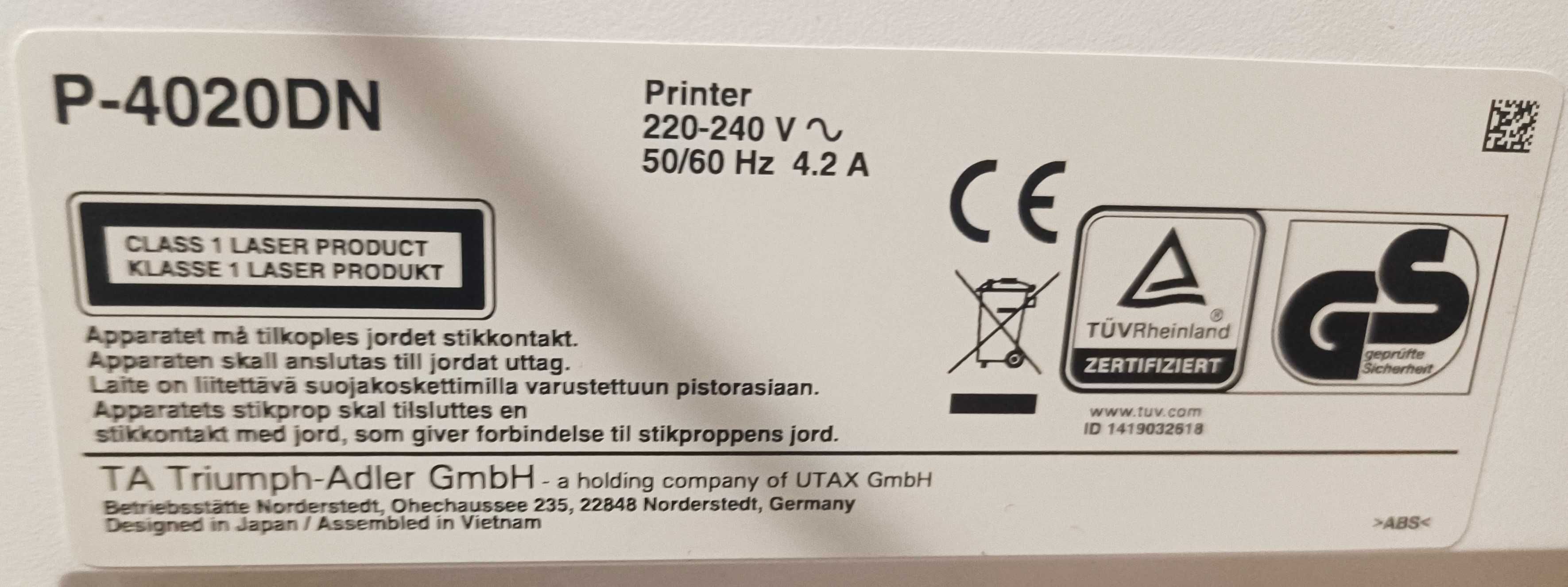 Drukarka Laserowa Monochromatyczna Triumph-Adler P4020D LAN/USB