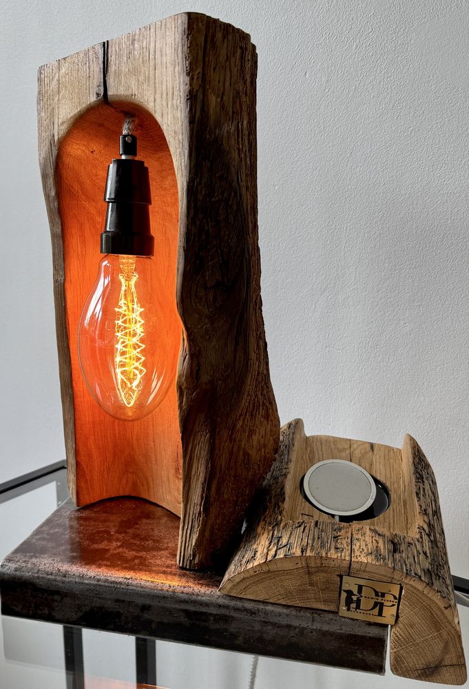Lampka rustykalna loftowa stołowa nocna handmade naturalne drewno