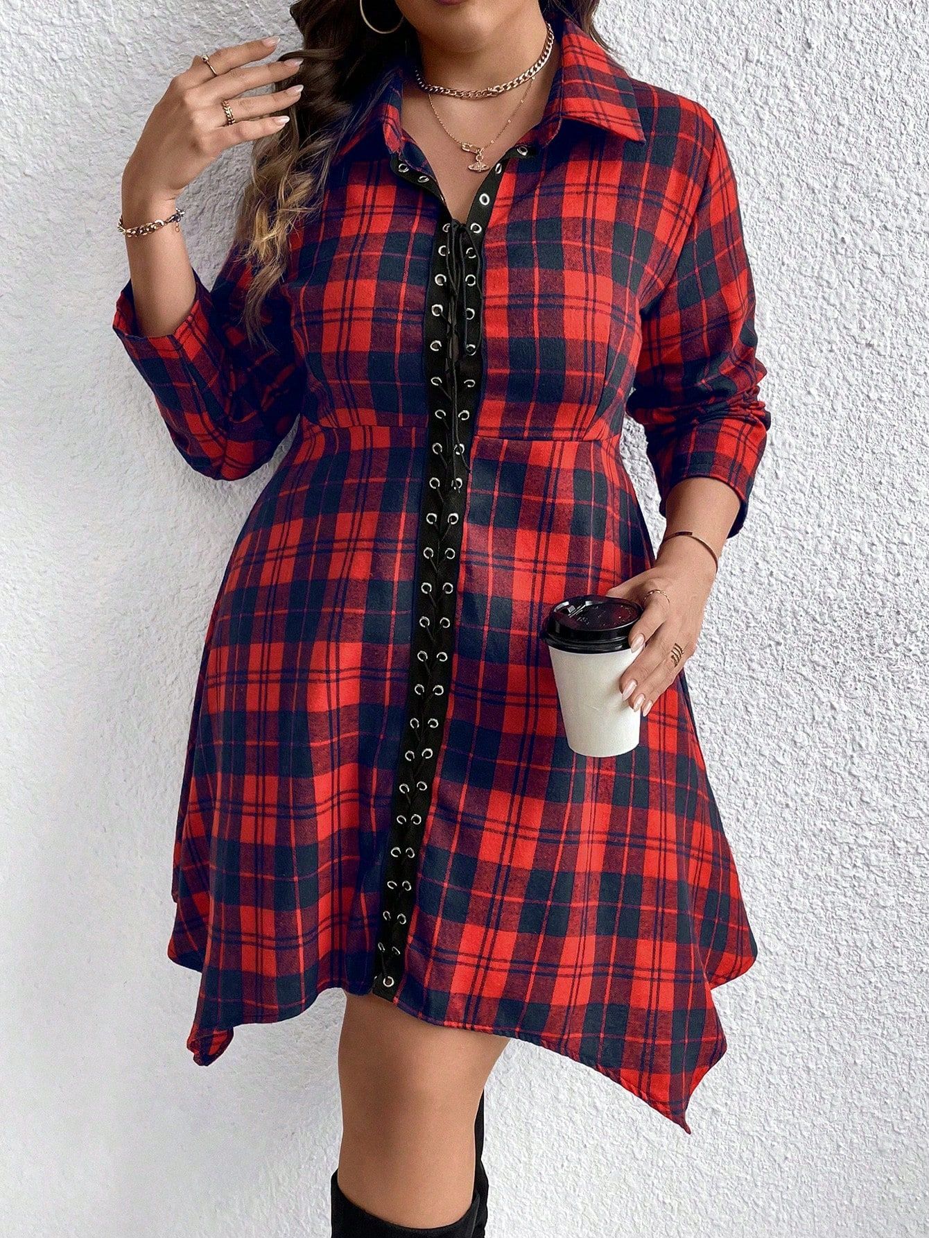 Sukienka Flanelowa Koszulowa Midi W Kratkę Sznurowana Casual Shein 3Xl