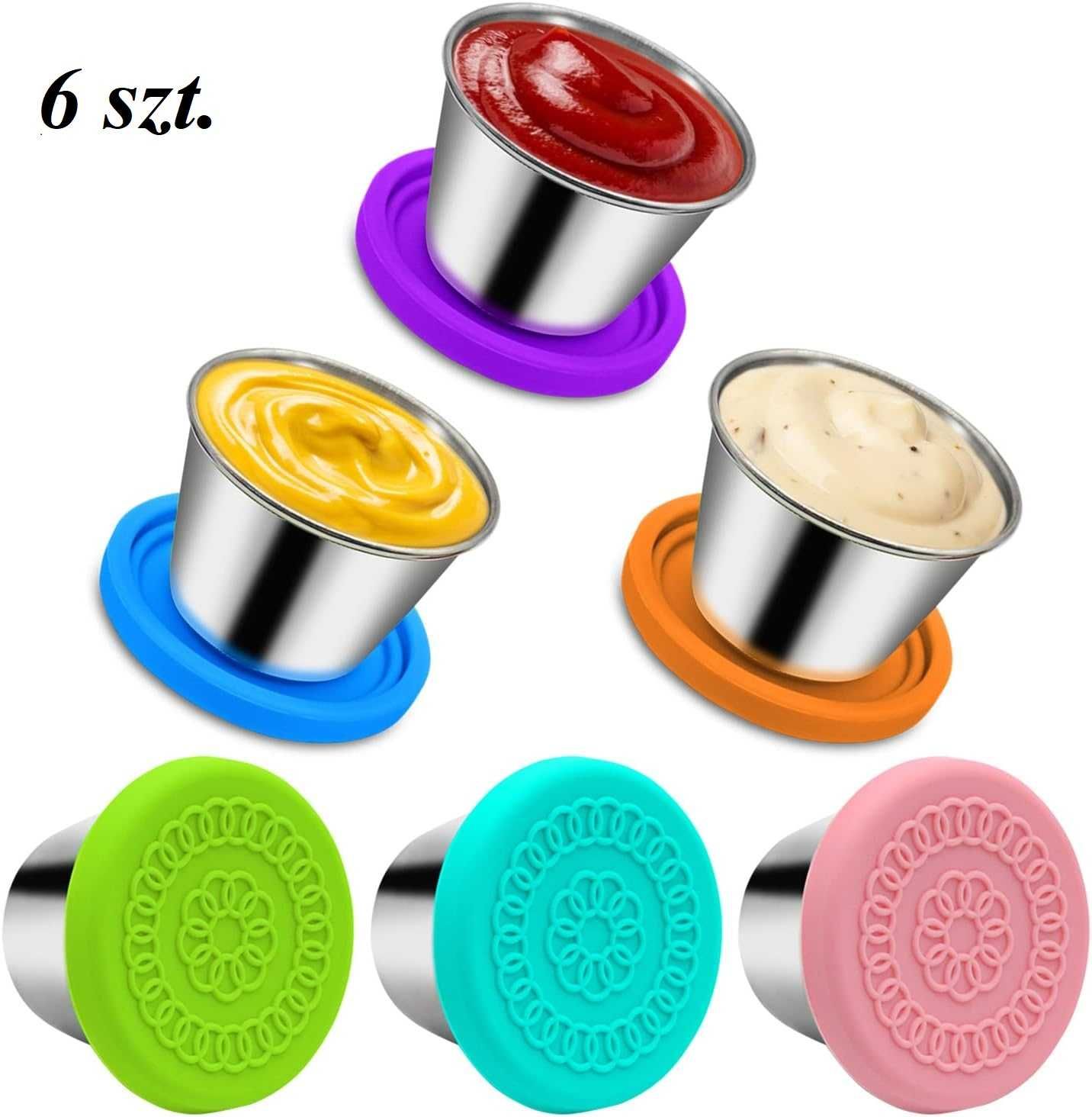 6x Pojemnik na sosy przekąski przyprawy- STAL NIERDZEWNA+SILIKON- 70ml