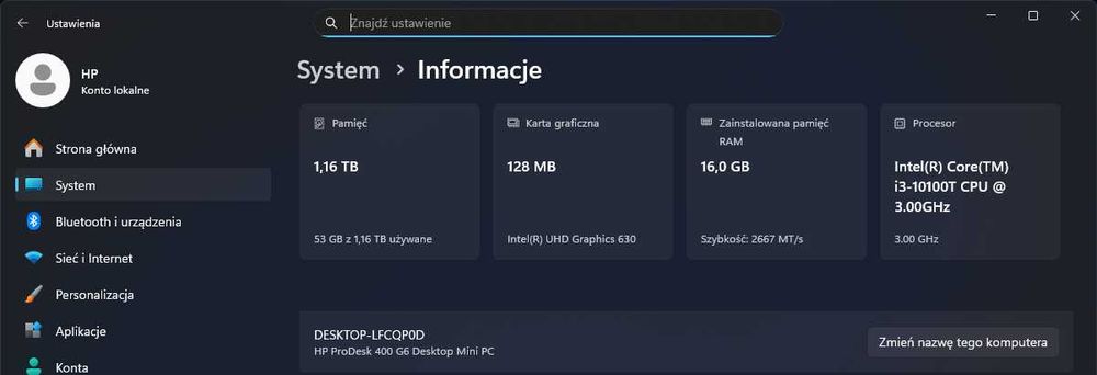 Mini komputer PC HP ProDesk 400 G6 i3-10100T 16GB 256SSD +1TB SSD W11P