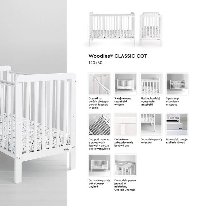 Łóżeczko niemowlęce Woodies Classic Cot 120x60 + przewijak Top Cot