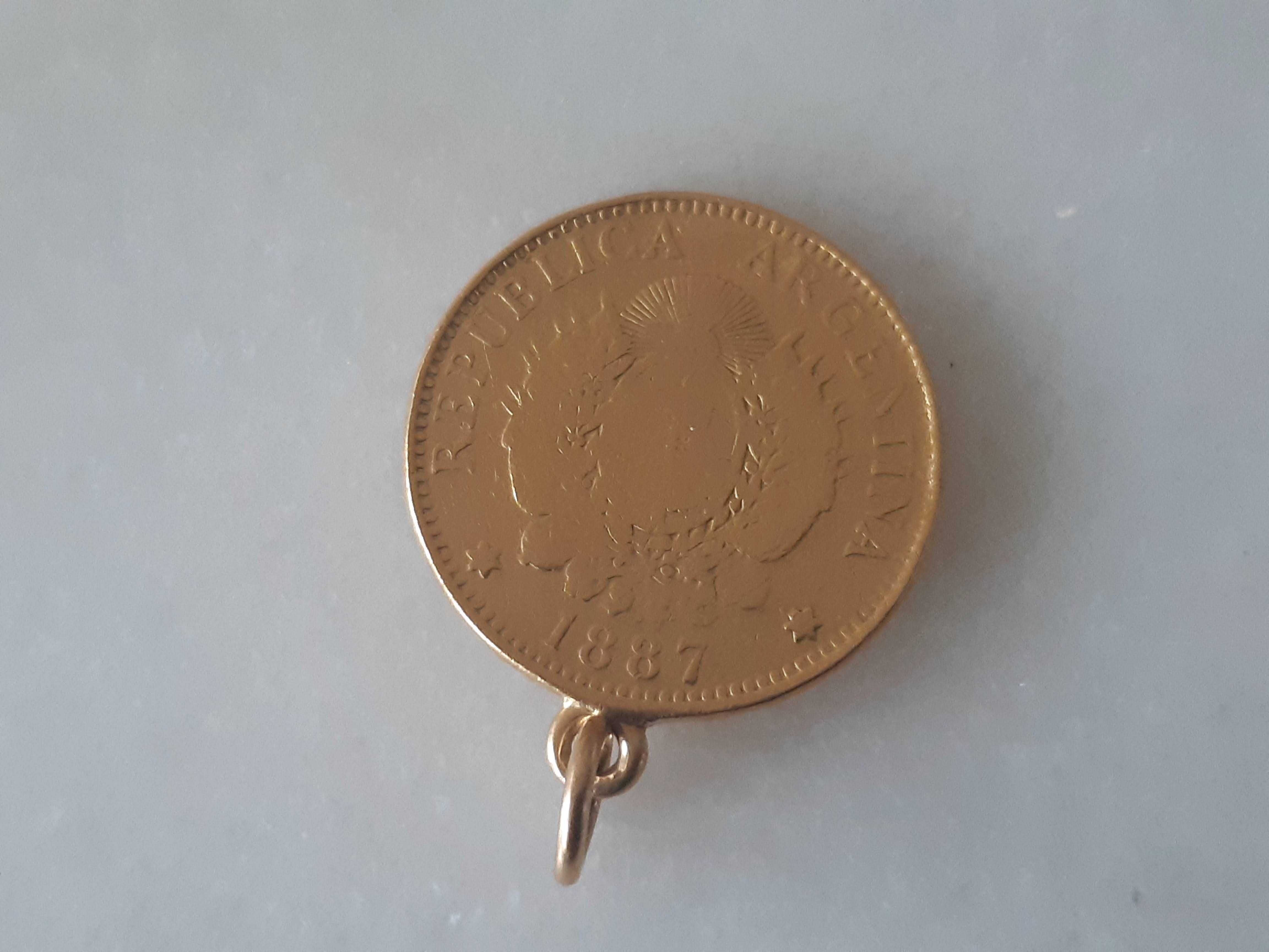 Moeda pendente 5 pesos argentinos,(um argentino), 1887, em Ouro, rara