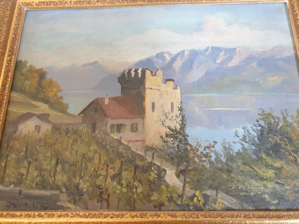 Antiga pintura em óleo sobre cartão - paisagem com castelo