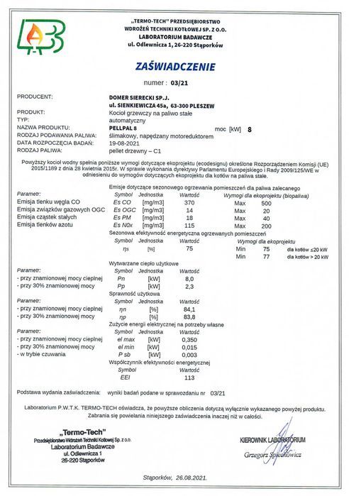 Kocioł c.o. na pellet 8kW PellPal Slim Dotacja 5 klasa Ekodesign 40cm