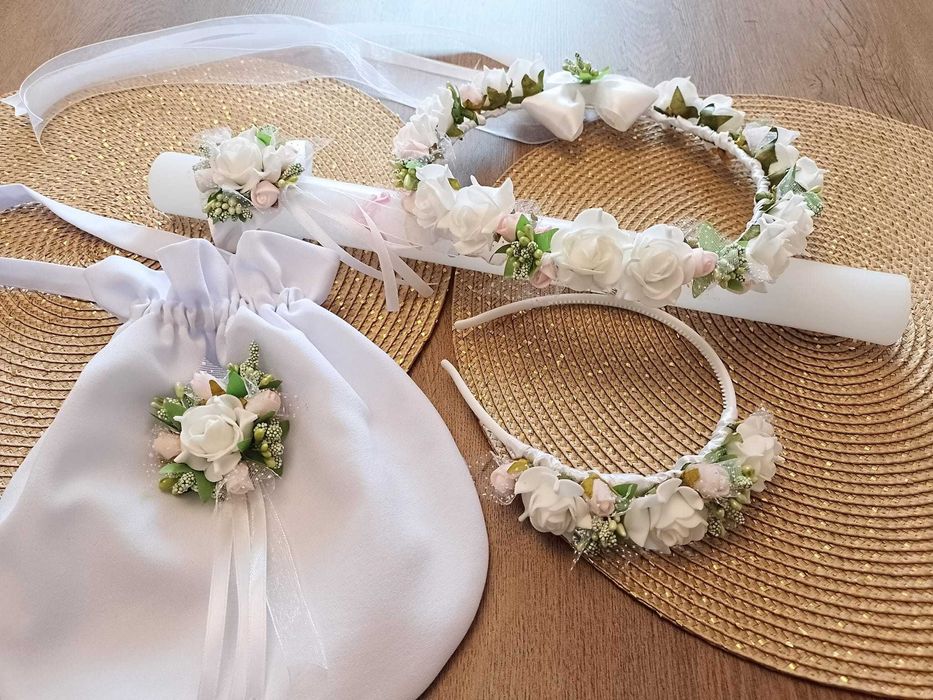 Komplet na komunię komunijny wianek opaska ozdoba na świecę na torebkę