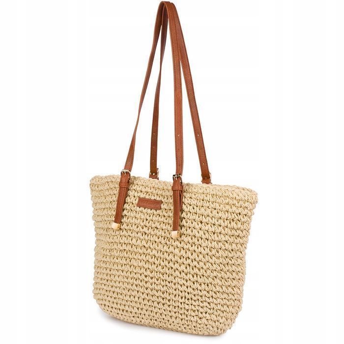 Beżowa Torba plażowa duża na lato rączki solidna koszyk plecionka