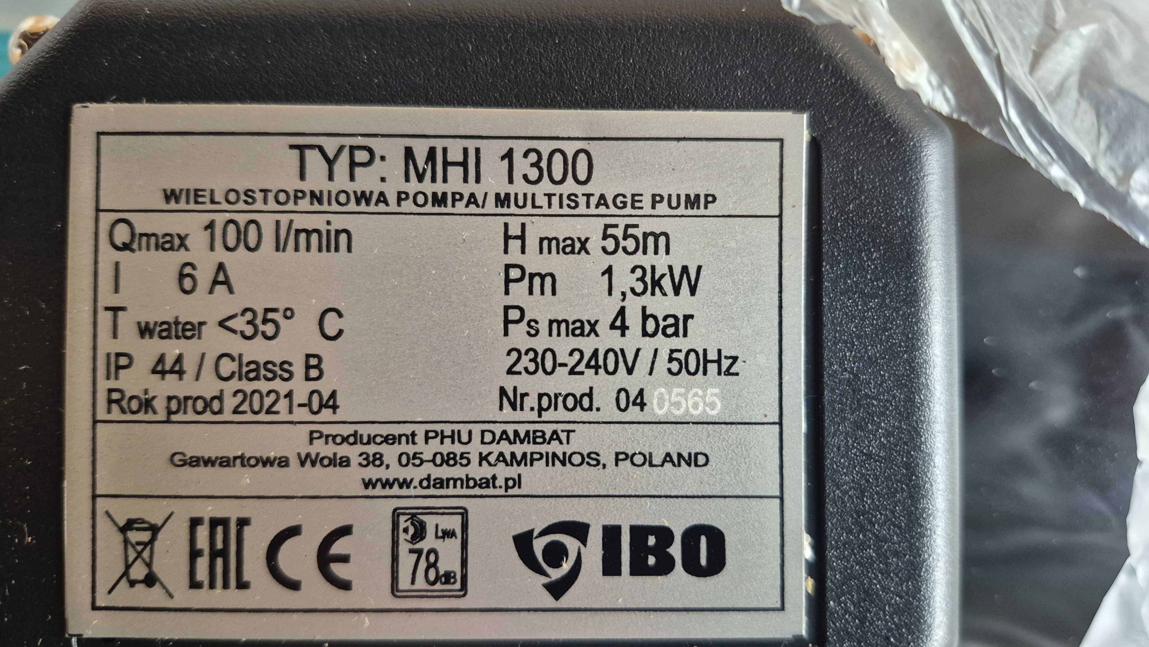 Hydrofor pompa do wody studni IBO MHI 1300 zbiornik 100l