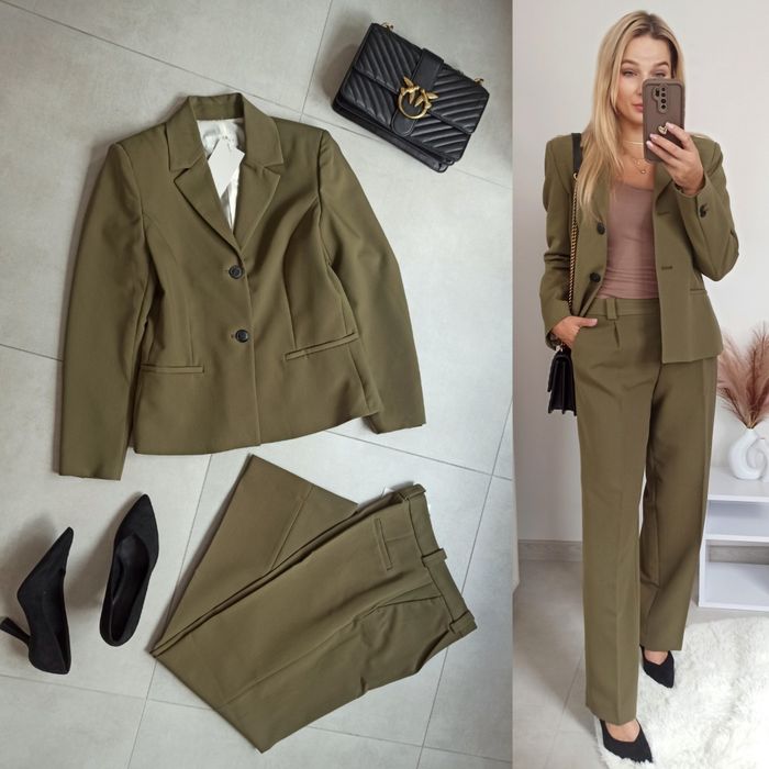 Zara garnitur s 36 khaki zielony komplet marynarka spodbie