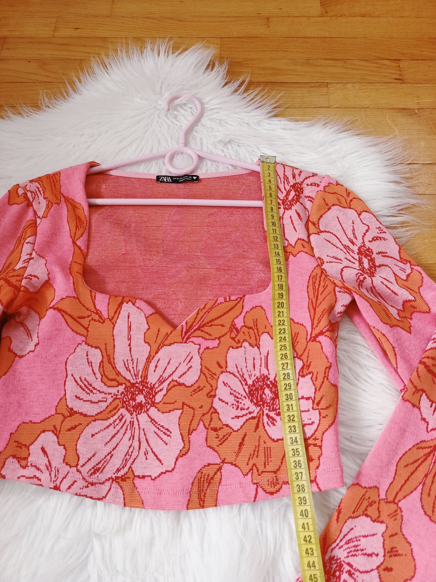 Crop top, Zara, M/38, różowy, kwiaty, długi rękaw