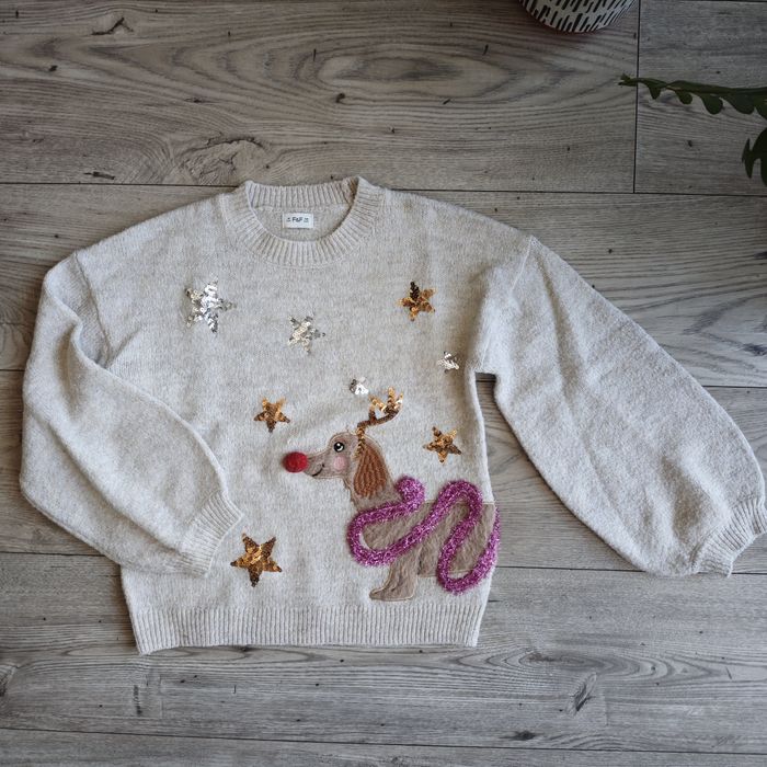 Sweter sweterek świąteczny jamnik F&F bufiasty rękaw r. 134