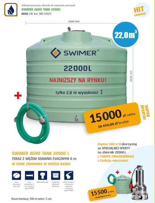 Zbiornik Nawóz Płynny 22000 SWIMER + pompa + wąż 6 m! Kurowo