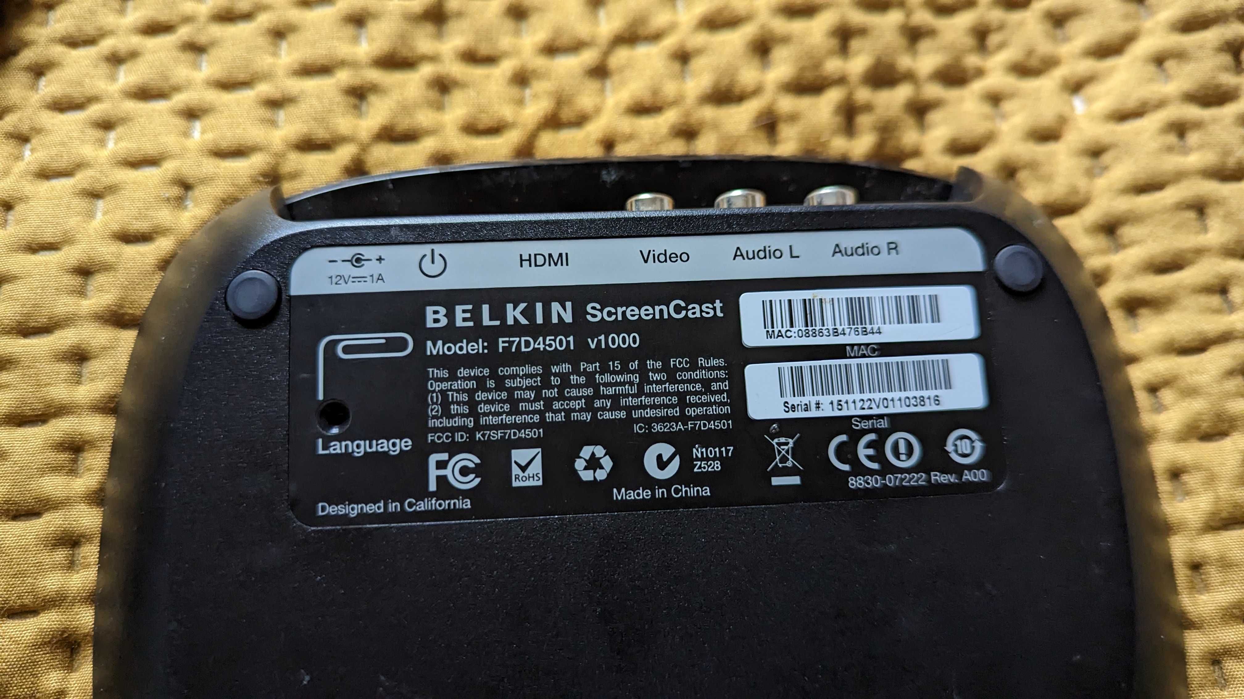 Belkin Screencast Tv Adapter Wi-Fi F7D4501