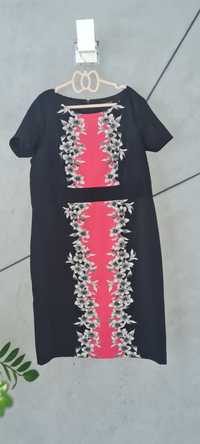 Elegancka wizytowa sukienka ołówkowa czarna różowa w kwiaty xxxl 46