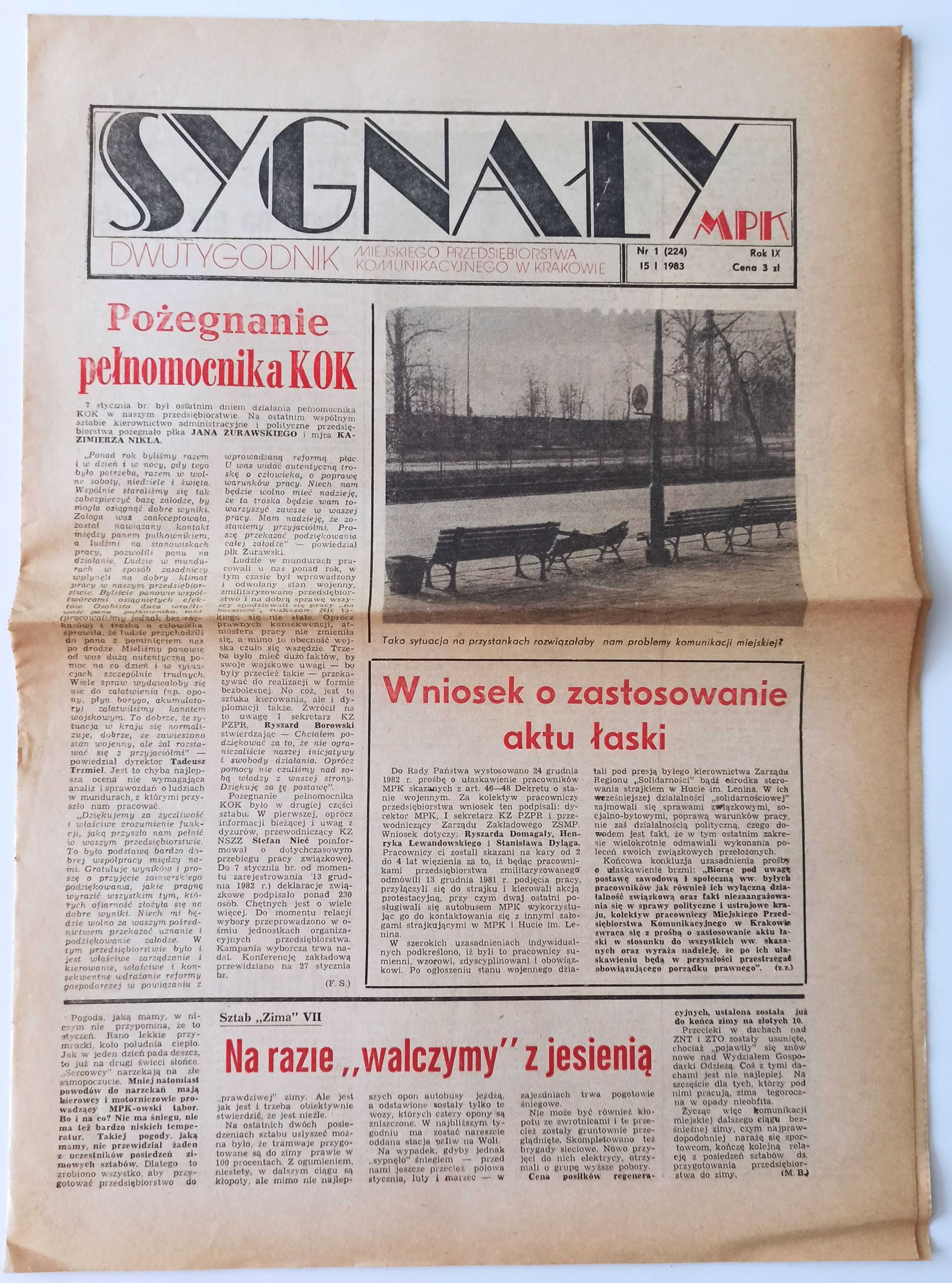 Sygnały MPK Rok IX nr 1 styczeń 1983 - miesięcznik MPK Kraków gazeta