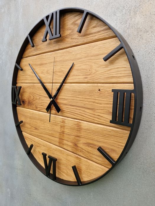 Zegar ścienny loft Dębowy 50cm stalowy drewniany rękodzieło salon duży