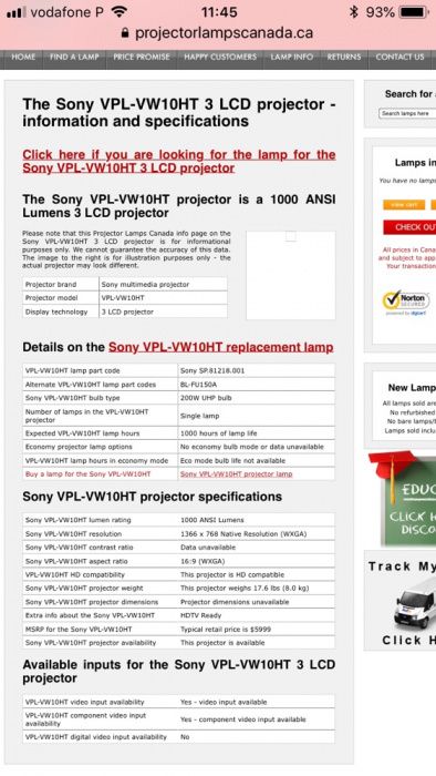 Projetor cinema vídeo Sony VPL-VW10HT