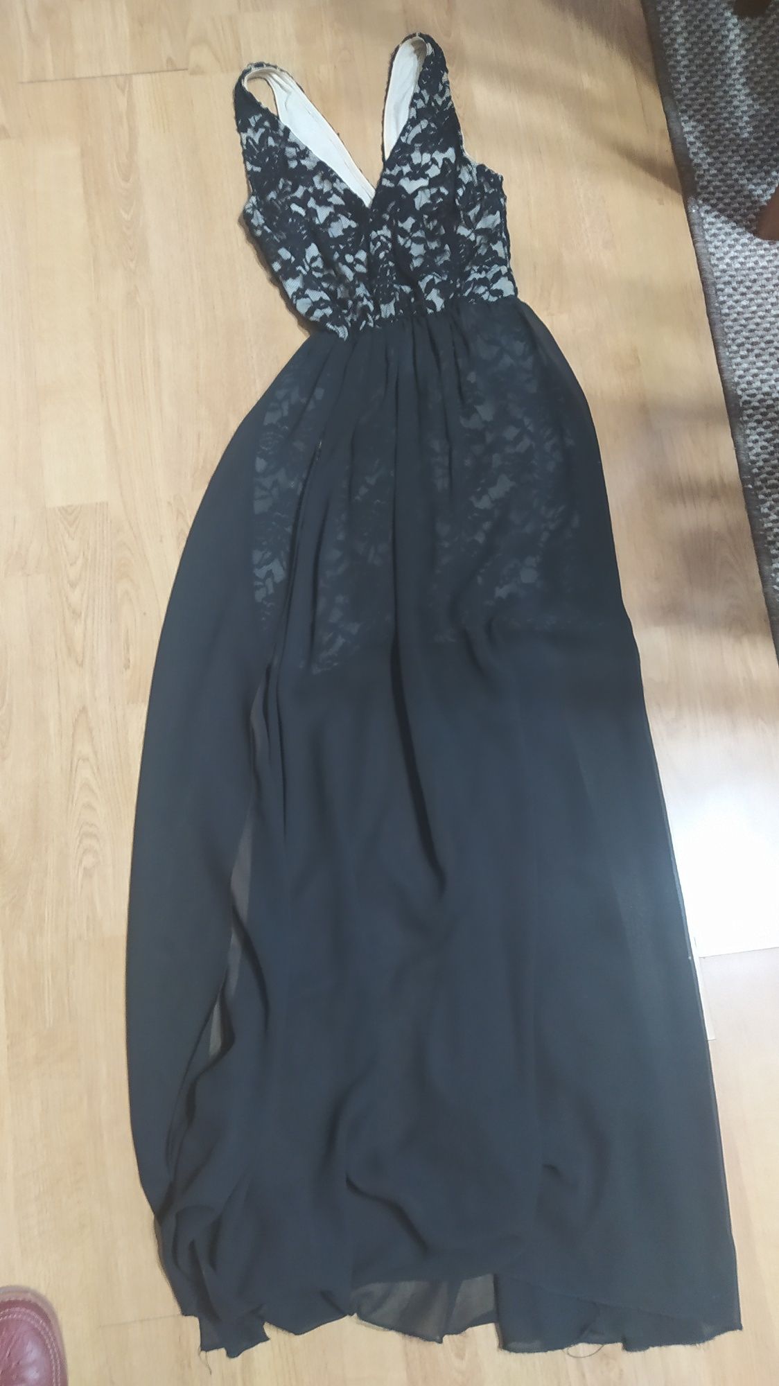 Długa suknia 2w1, mini beż-krem z koronką i szyfon długa spódnica maxi