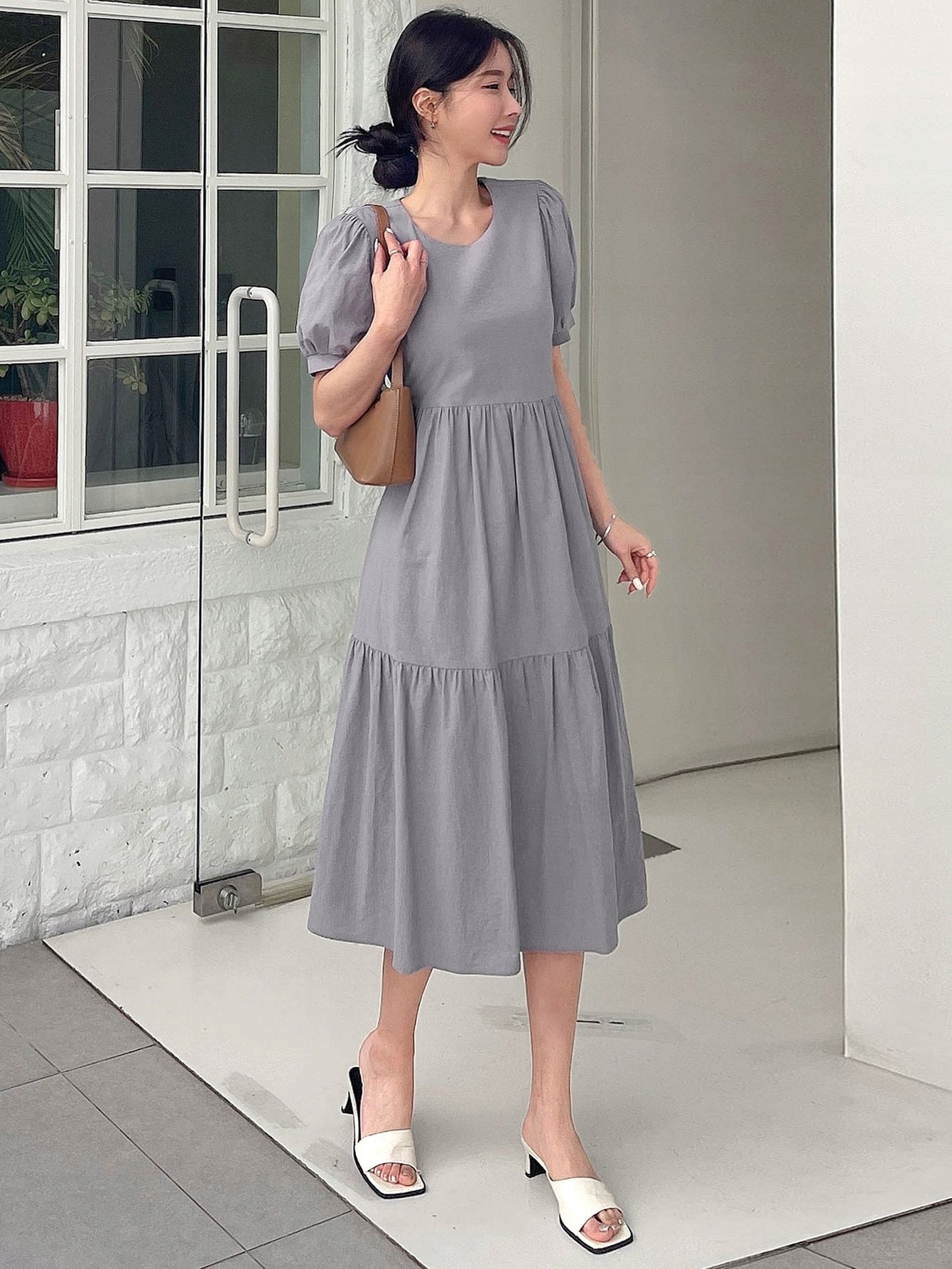 Sukienka Letnia Bawełniana Rozkloszowana Midi Szara Casual Dazy Xs 34