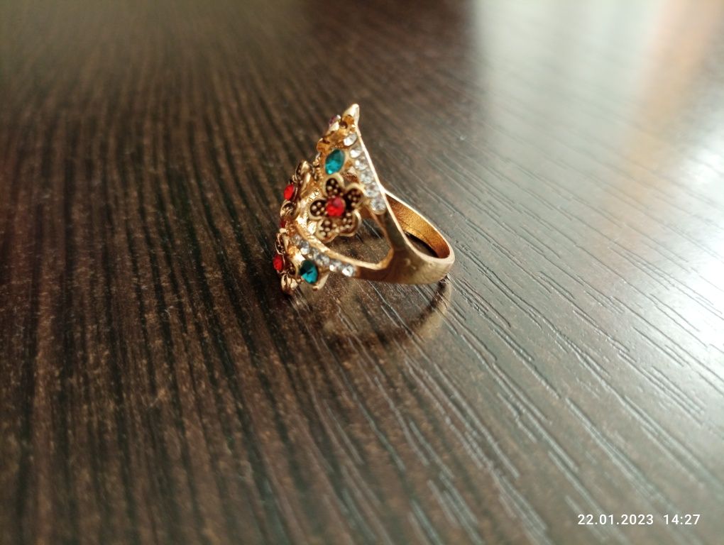 Pierścień, pierścionek Vintage 17 mm, kwiaty, kolorowe cyrkonie