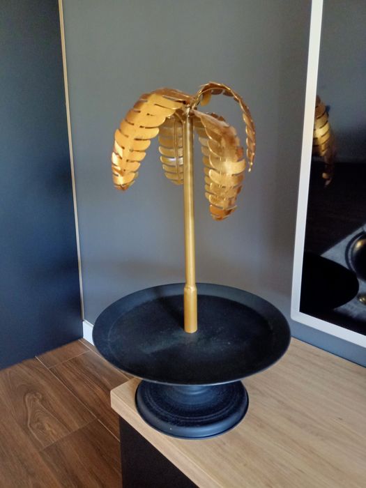 Wysoka złota patera nowa palma art deco vintage retro styl dekoracja