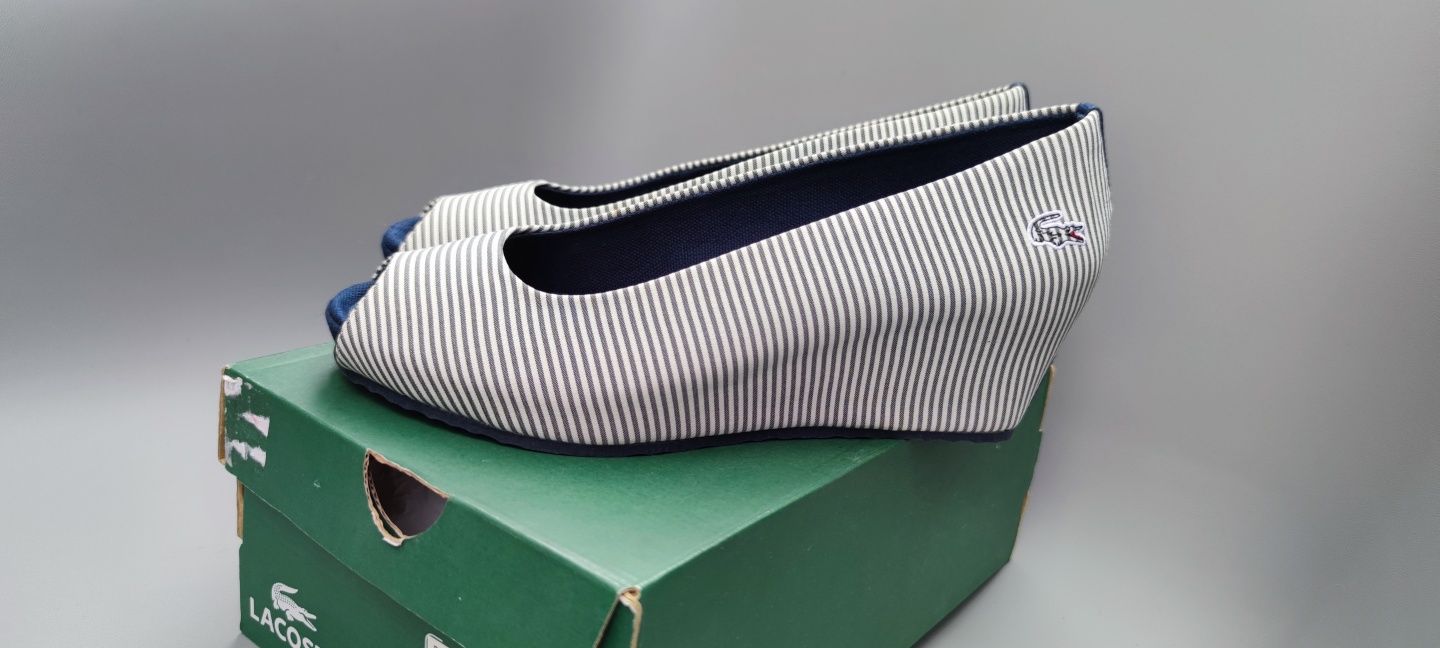 Lacoste nowe sandały na koturnie w paski biało granatowe rozmiar 39,5