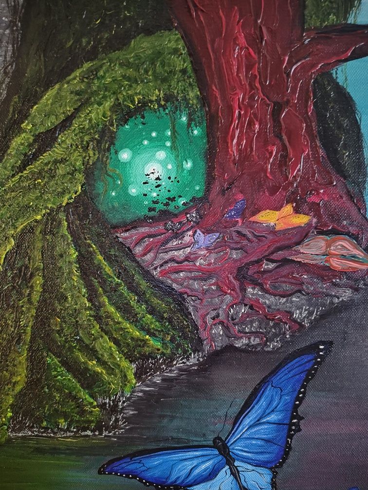 Magiczny obraz olejny 80x110 motyle drzewo księżyc jezioro noc