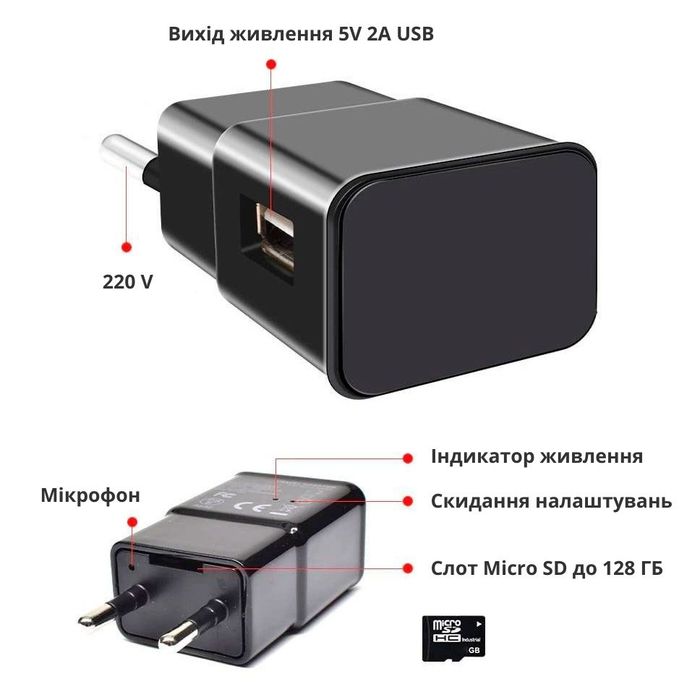 Камера прихована в зарядному блочку. WIFI usb. Скрытая мини камера