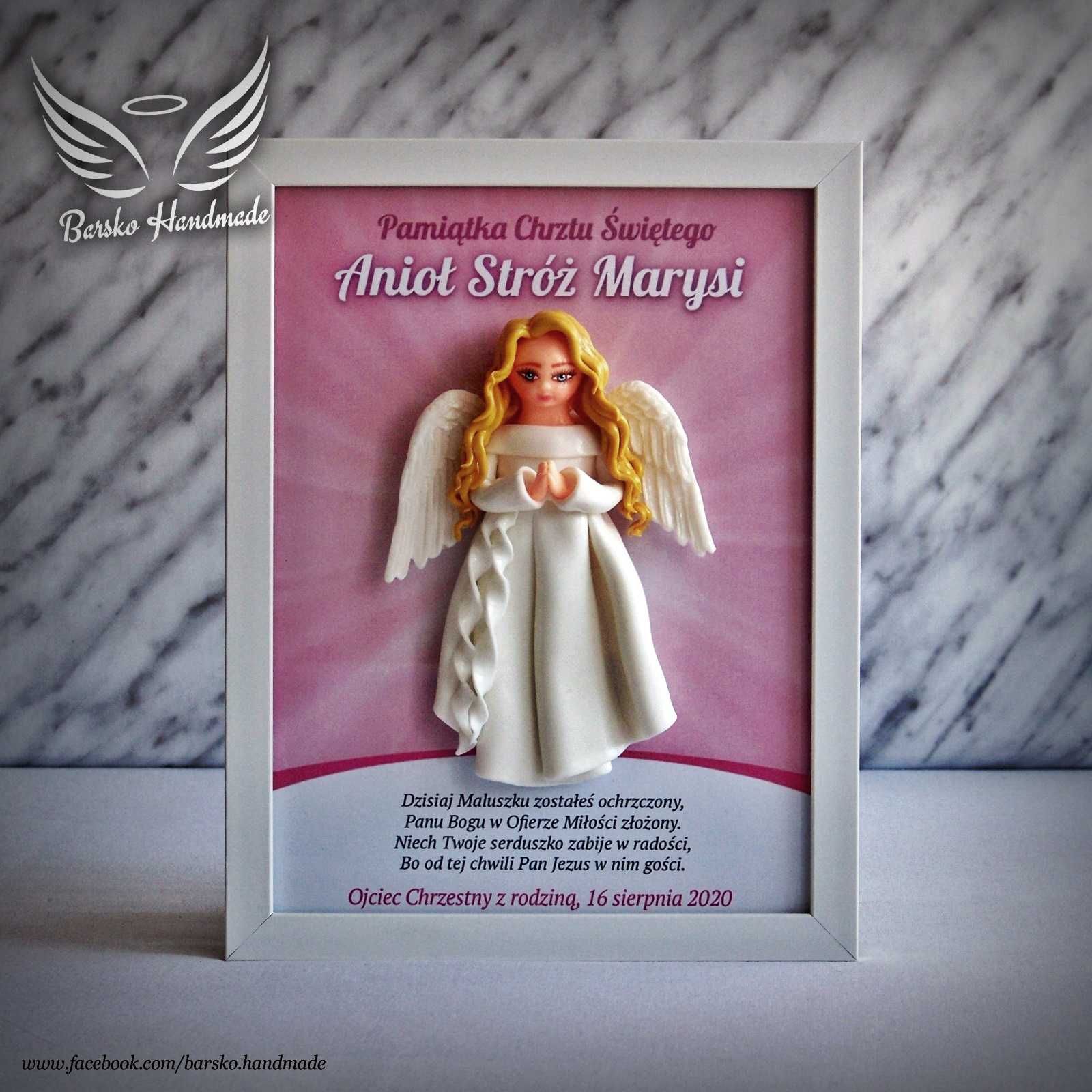 Anioł Stróż z porcelany w ramce 18x24 jako Pamiątka Chrztu Świętego