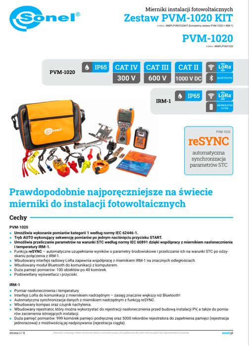 Miernik instalacji fotowoltaicznych zestaw SONEL PVM-1020 wynajem FV