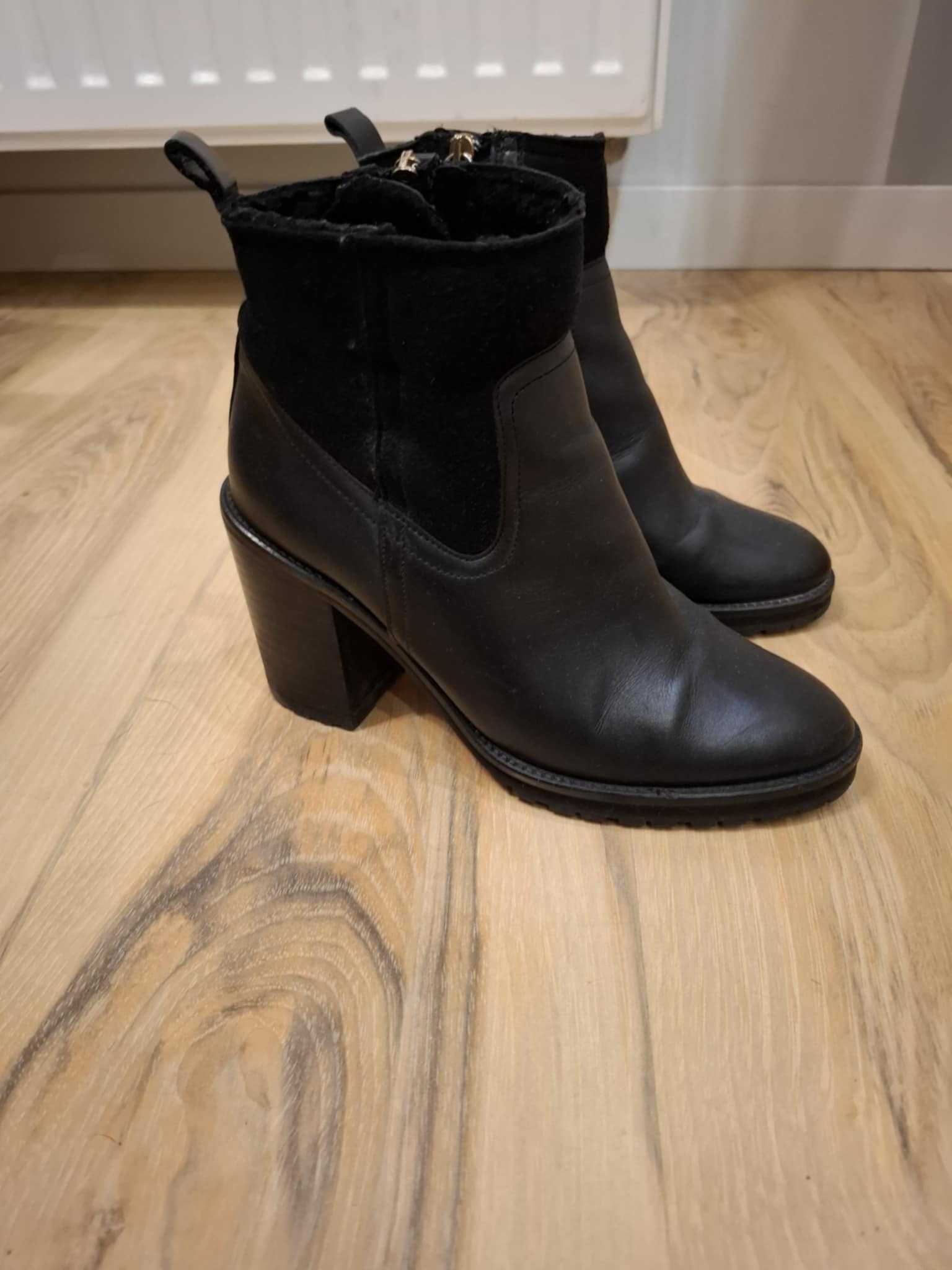36 Massimo Dutti czarne botki buty na obcasie skórzane ze skóry skóra