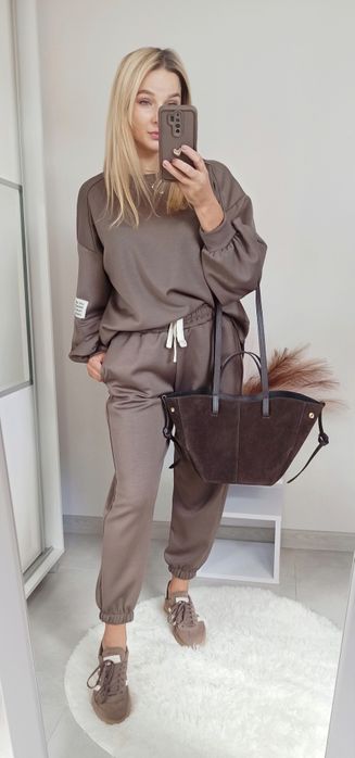 Azara komplet dres bluza spodnie fango brązowy mokka masełko wiskoza