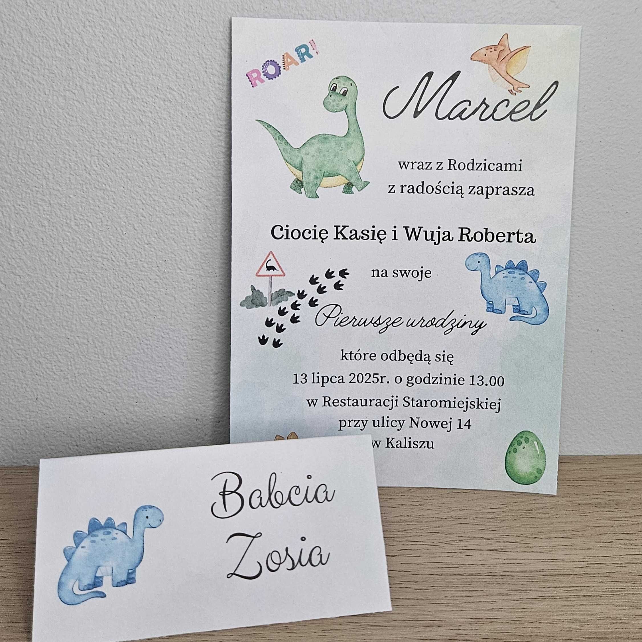 Zaproszenie, urodziny, roczek - dinozaury - personalizowane + koperta