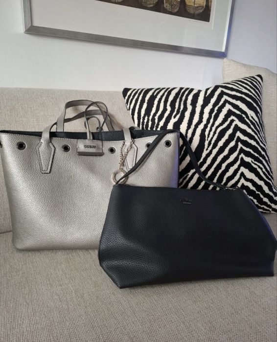 Guess torebka torba shopper na ramię srebrna czarna dwustronna