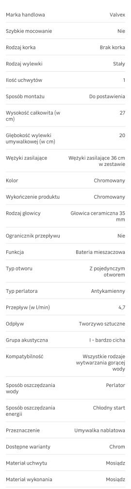 Bateria umywalkowa stojąca wysoka Valvex Remo